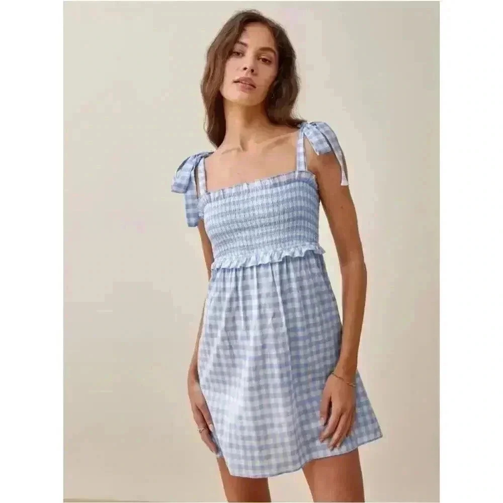 Reformation Dawson Dress Blue & White Gingham Smocked Tie Straps Ruffled Size M